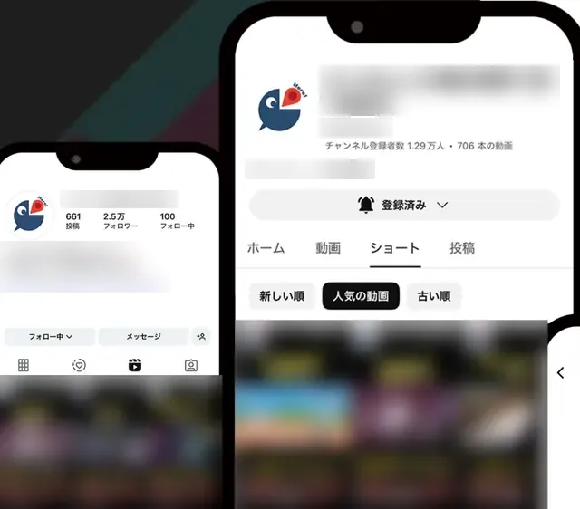 VTuber切り抜きチャンネルのInstagramとYouTubeの画面(チャンネル名・プロフィール・説明文・動画のサムネイルはぼかしています)